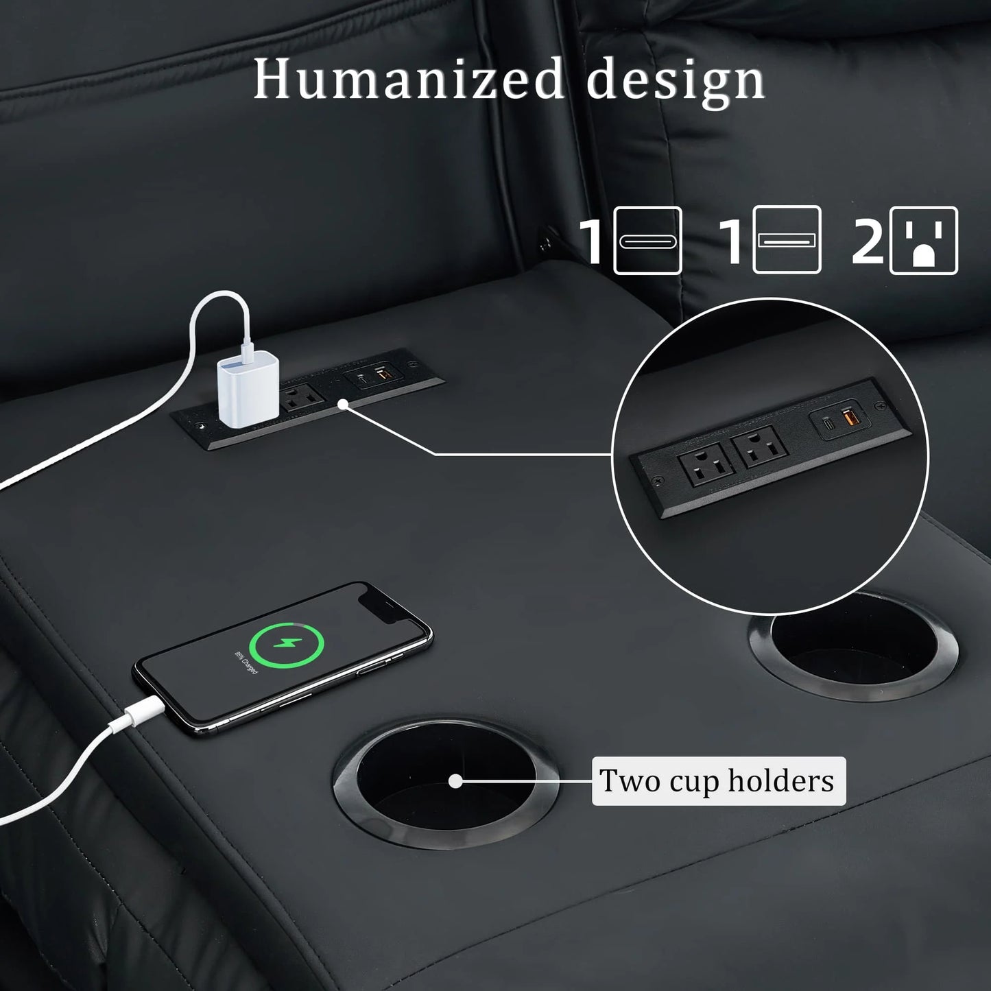 KORSER 3-Seater Reclining Couch – Cup Holders, USB