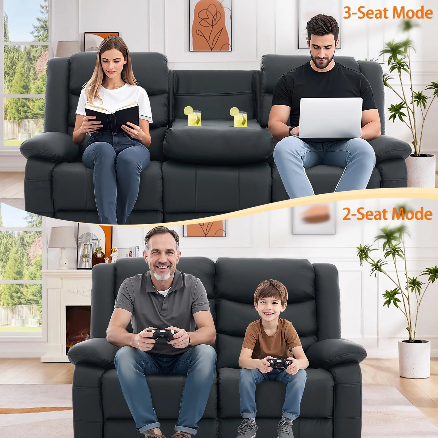 KORSER 3-Seater Reclining Couch – Cup Holders, USB
