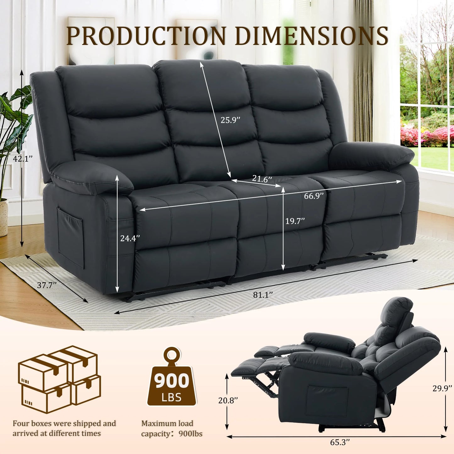 KORSER 3-Seater Reclining Couch – Cup Holders, USB