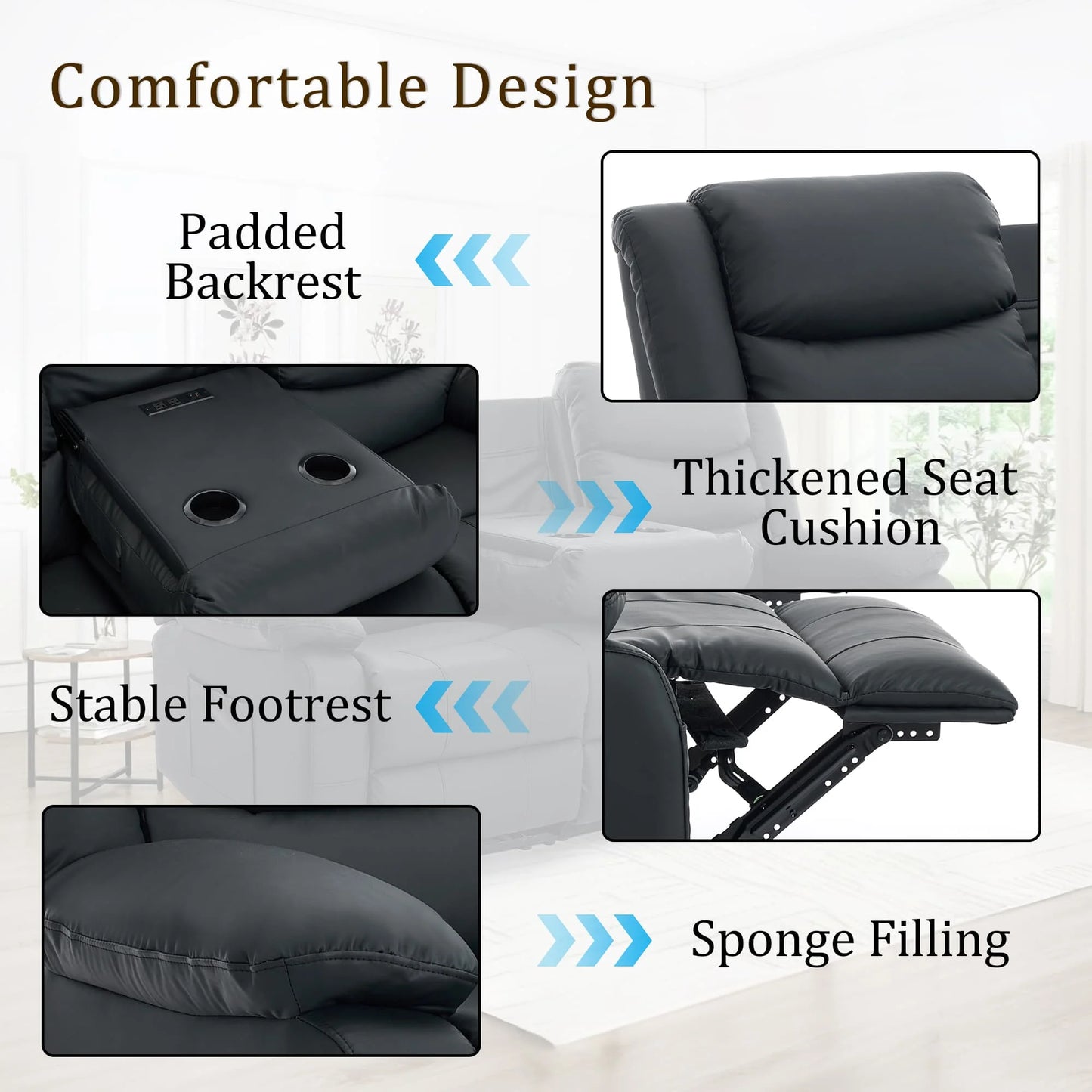 KORSER 3-Seater Reclining Couch – Cup Holders, USB
