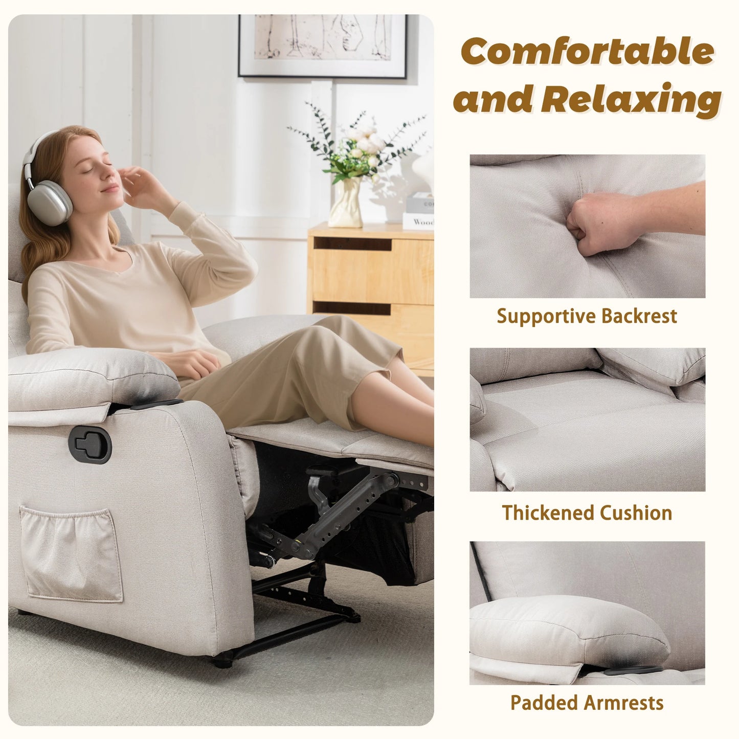 KORSER Small Recliner – Manual, Cup Holder, Linen
