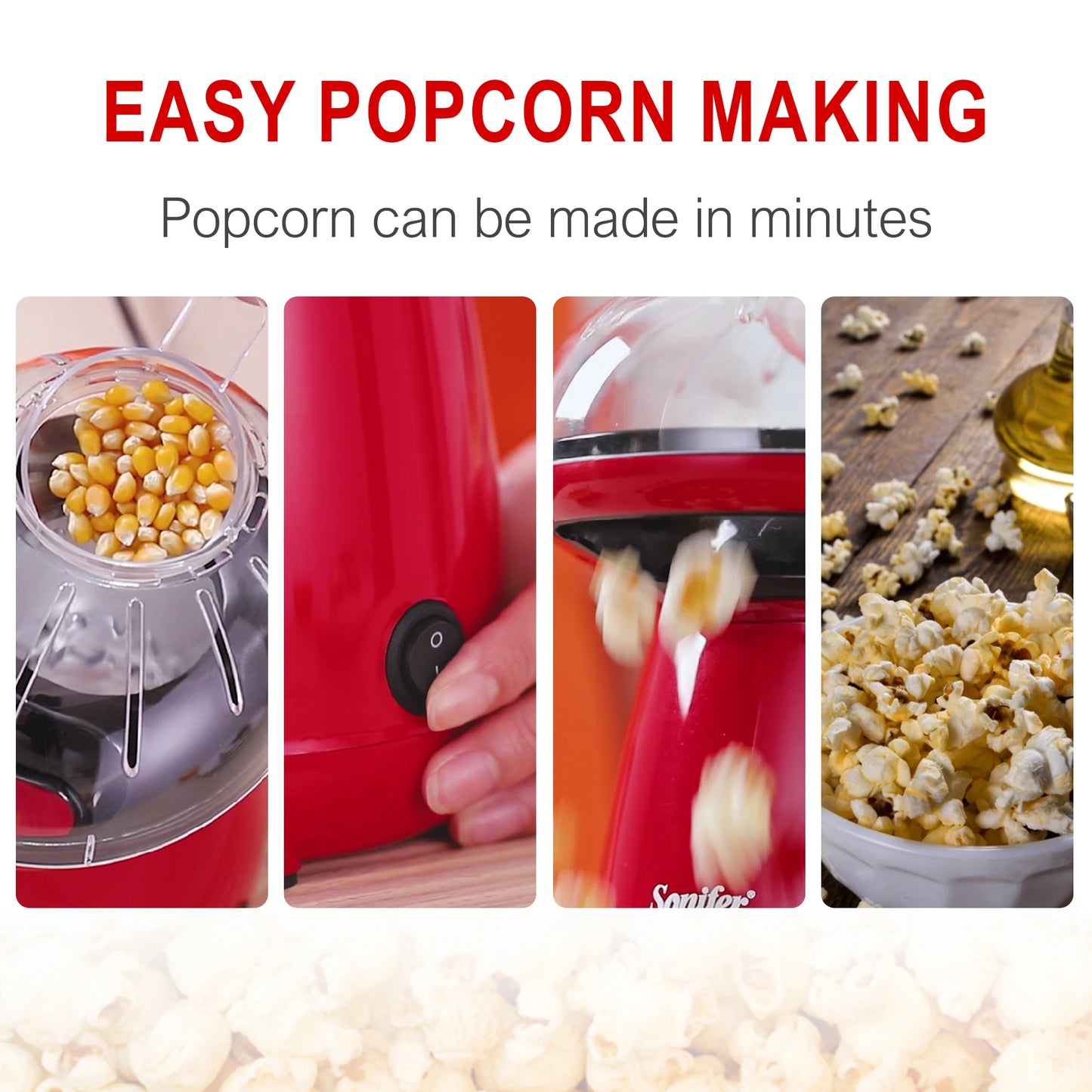 SONIFER Hot Air Popcorn – Oil Free, 2-4 Minutes