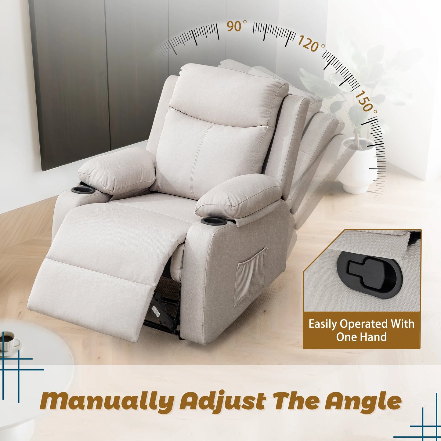 KORSER Small Recliner – Manual, Cup Holder, Linen