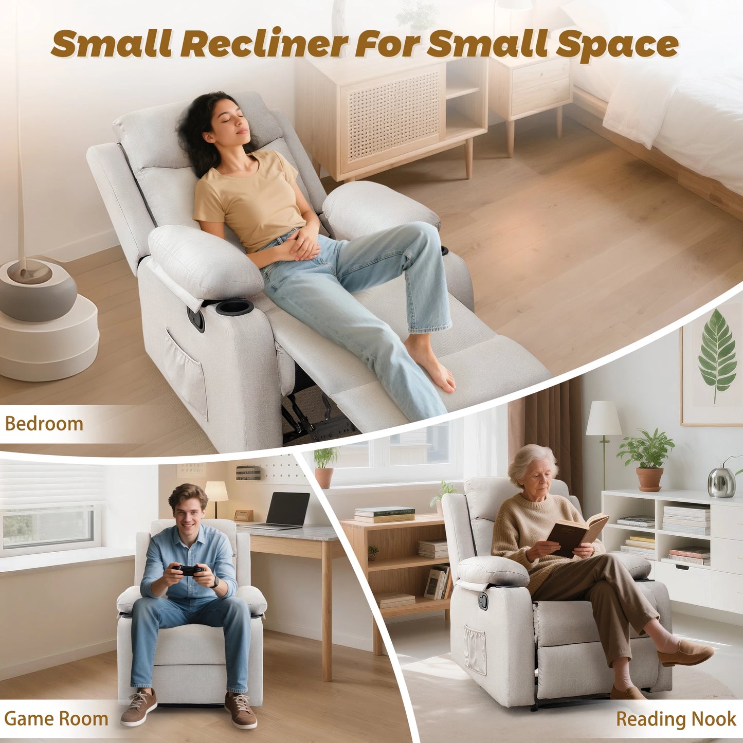 KORSER Small Recliner – Manual, Cup Holder, Linen