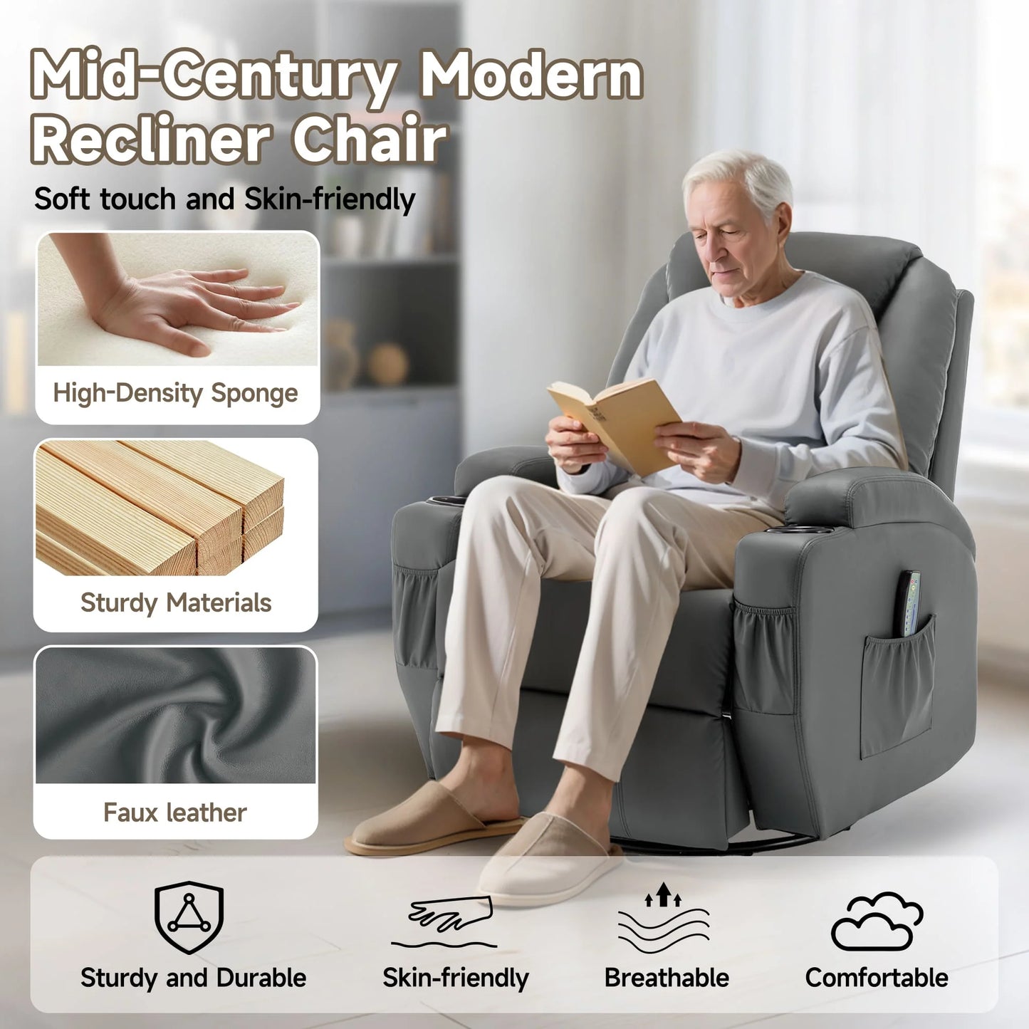 KORSER Recliner – Massage, Heat, 360° Swivel