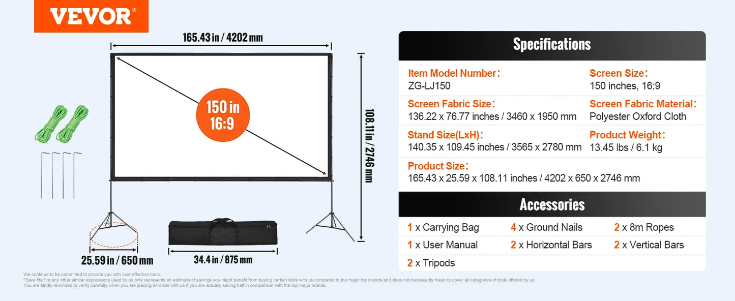 SucceBuy Screen with Stand – 100/120/150 inch, 4K HD