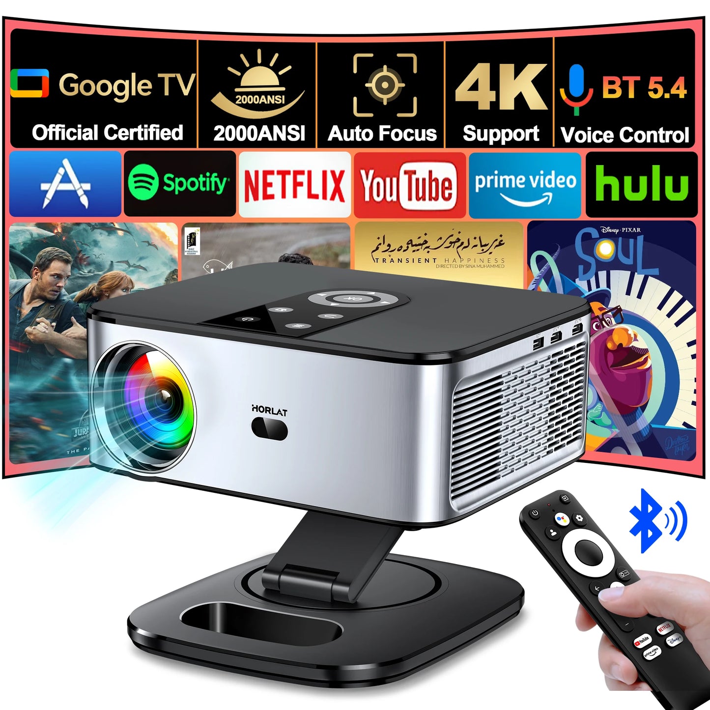 HORLAT Google TV Projector – 2000 ANSI, Voice Control