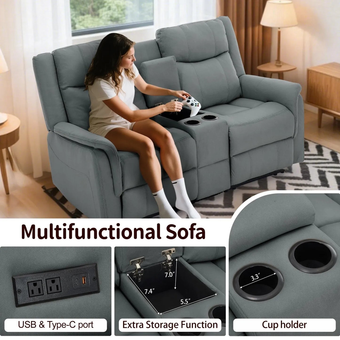 KORSER 2-Seater Loveseat Recliner – USB, Cup Holders