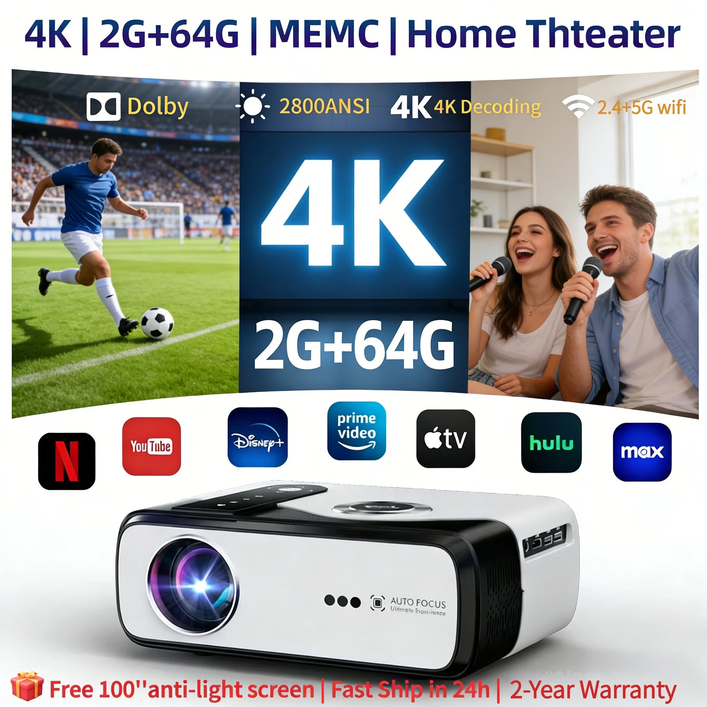 4K UHD Smart Projector – 2800 ANSI, Netflix, HDR10+