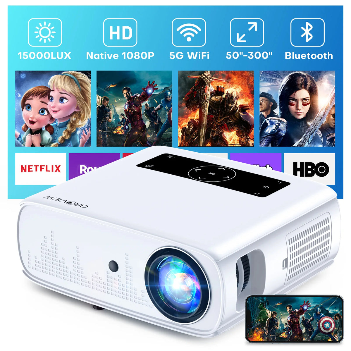 Genee View Projector GROVIEW 1080P Projector | 490 ANSI WiFi Bluetooth – Projectors Dimensions