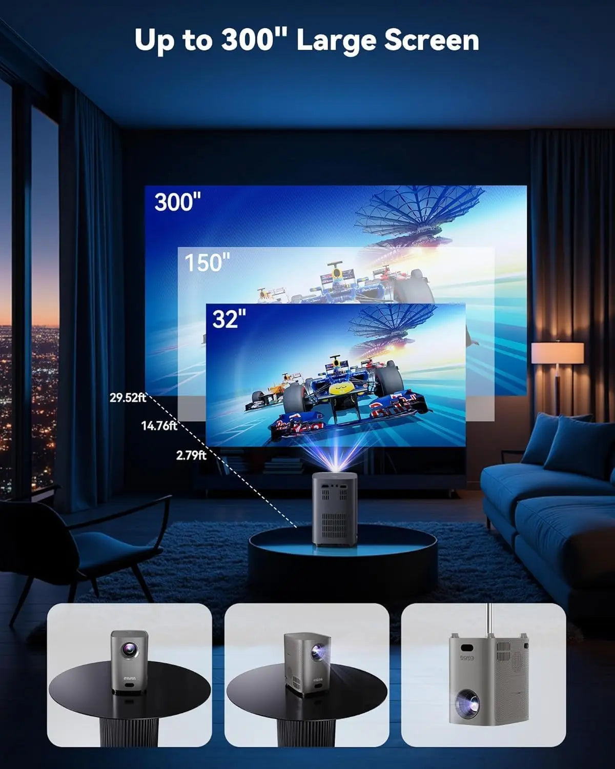 1080P Portable Projector – WiFi, BT, 4K Zoom, 300"