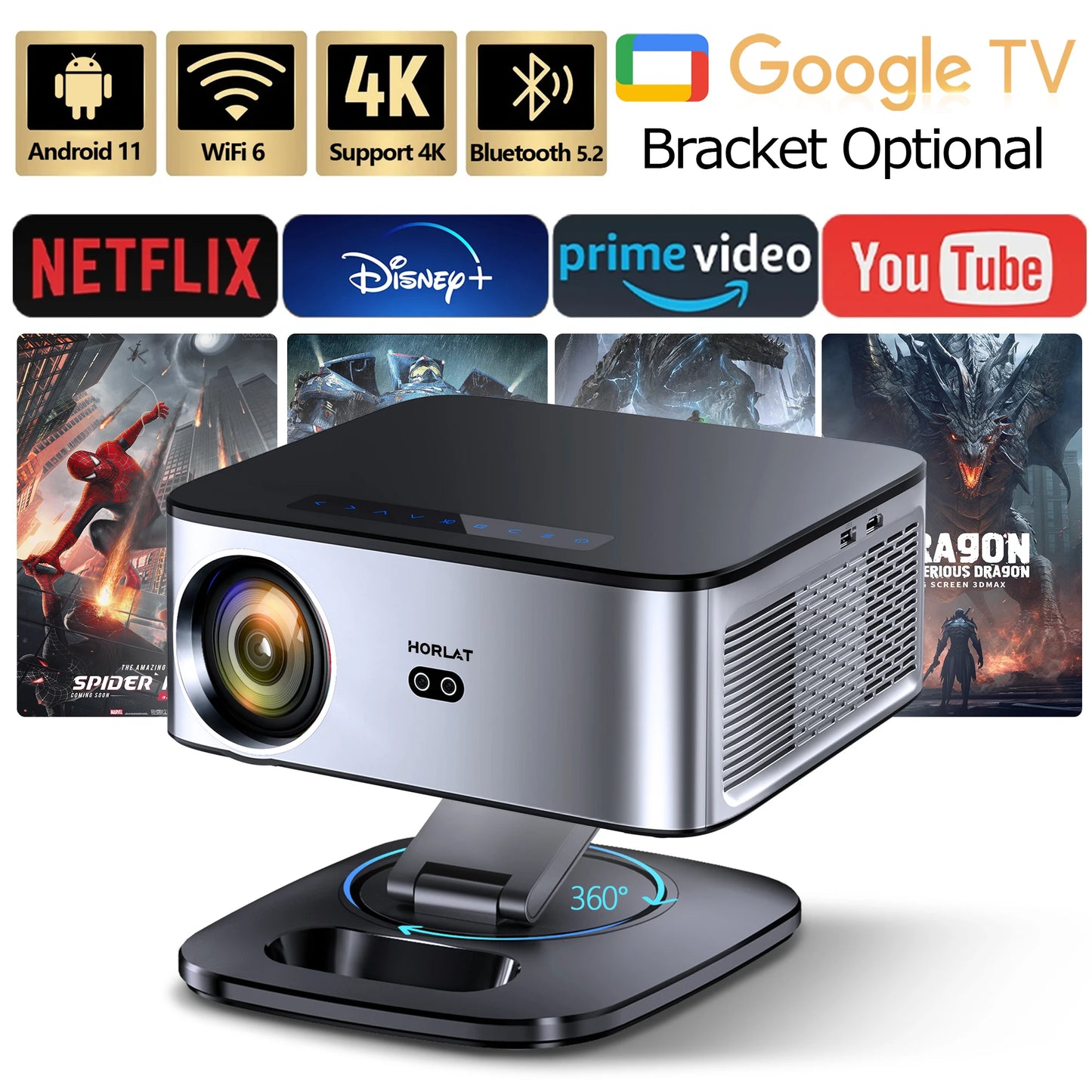 HORLAT T09MAX – Google TV 4K Projector, 2200 ANSI