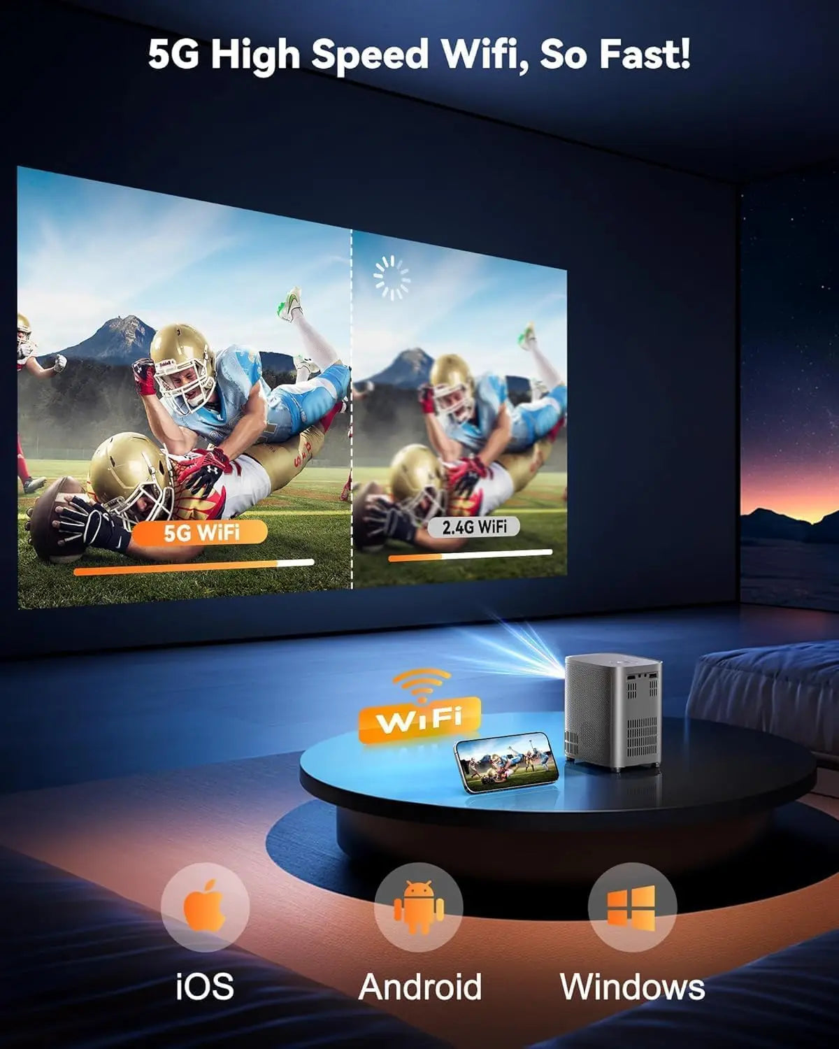1080P Portable Projector – WiFi, BT, 4K Zoom, 300"
