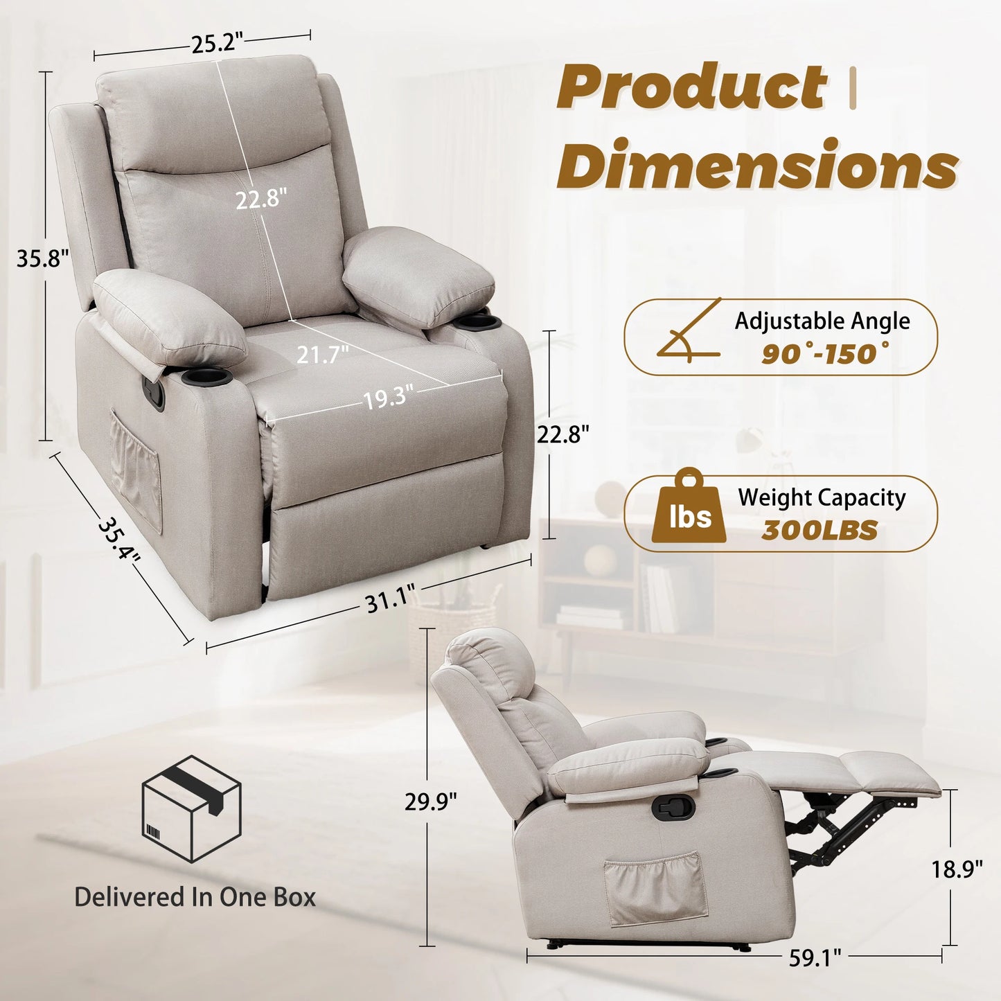 KORSER Small Recliner – Manual, Cup Holder, Linen