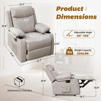 KORSER Small Recliner – Manual, Cup Holder, Linen