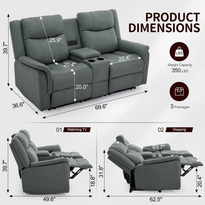 KORSER 2-Seater Loveseat Recliner – USB, Cup Holders