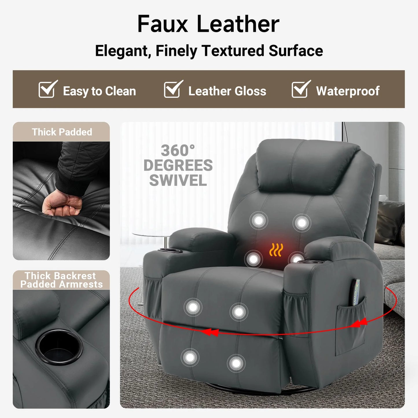 KORSER Recliner – Massage, Heat, 360° Swivel