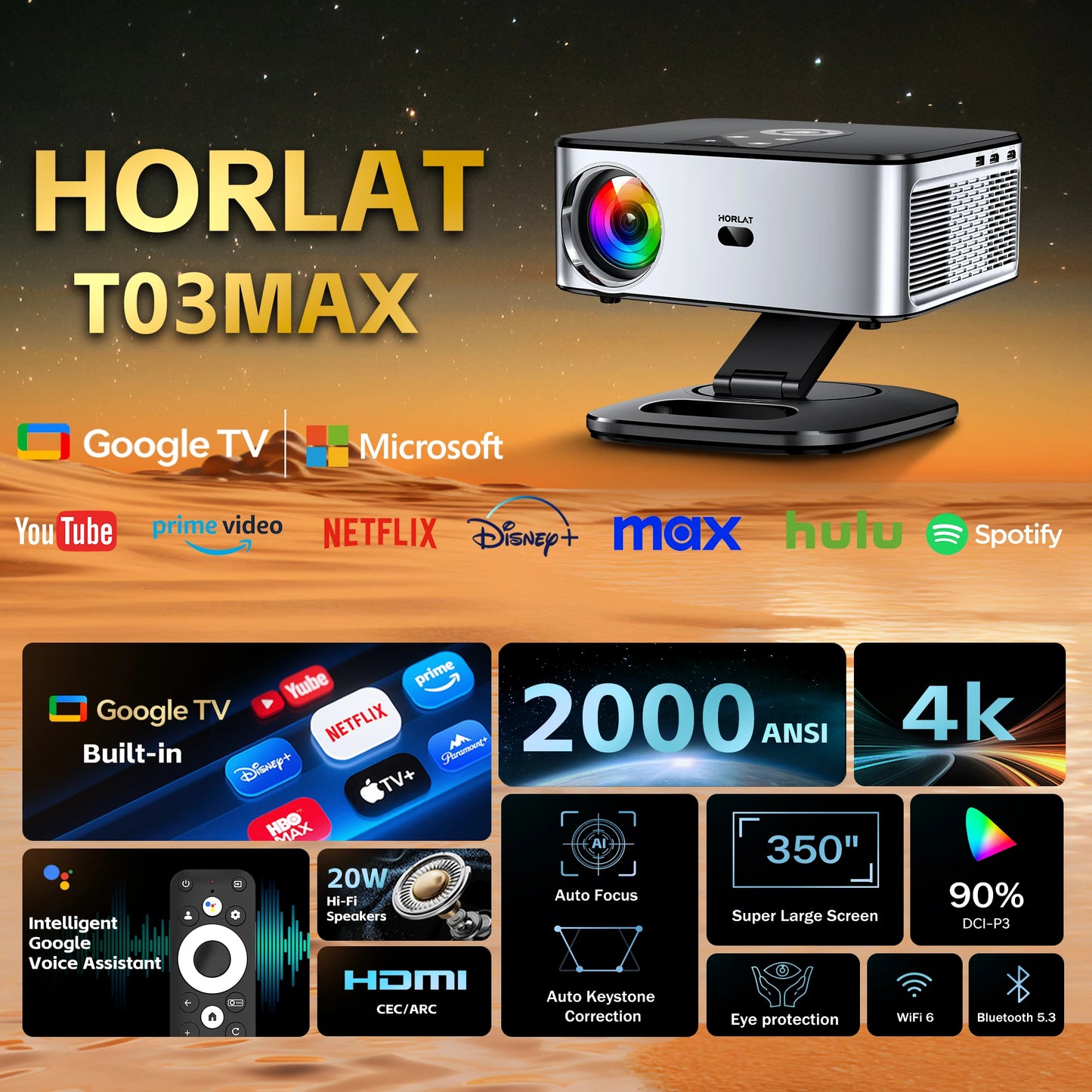 HORLAT Google TV Projector – 2000 ANSI, Auto Focus