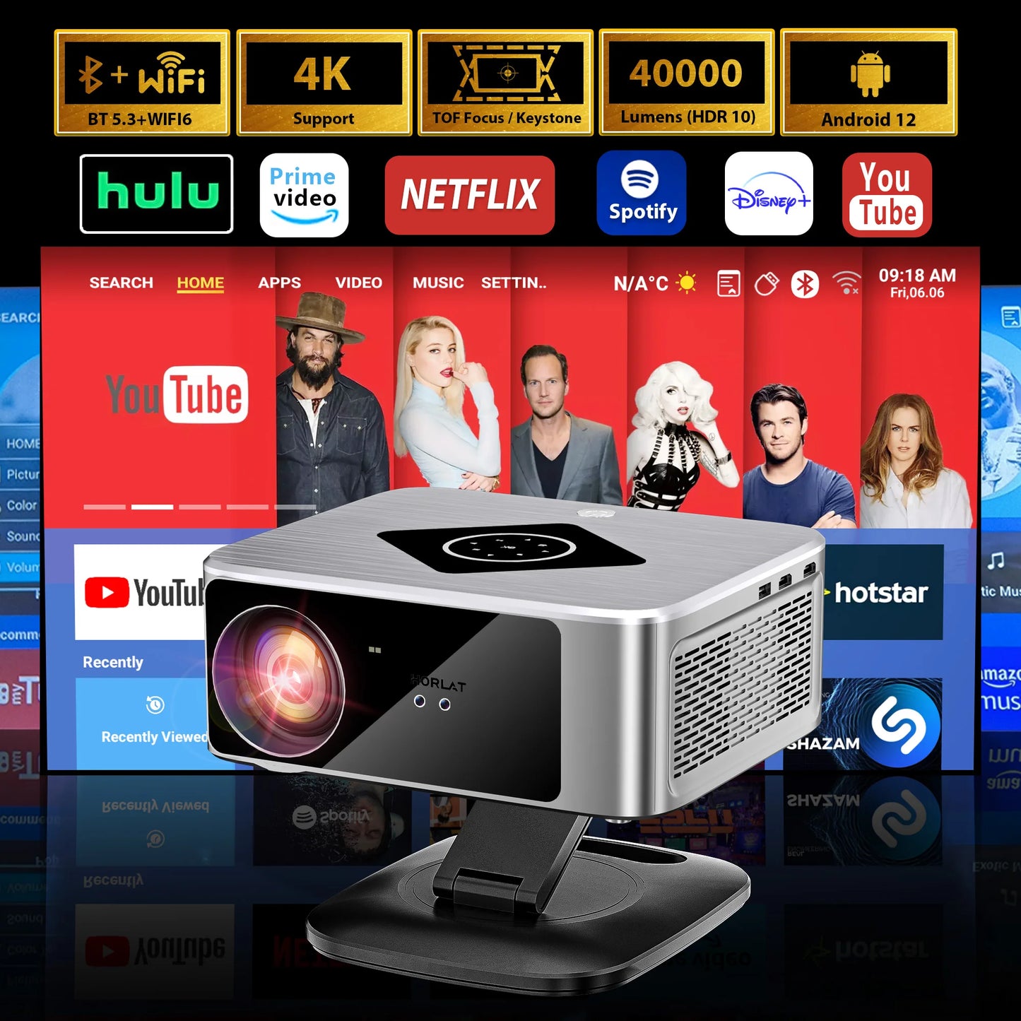 HORLAT 4K Projector – Android TV, 2000 ANSI, 3D