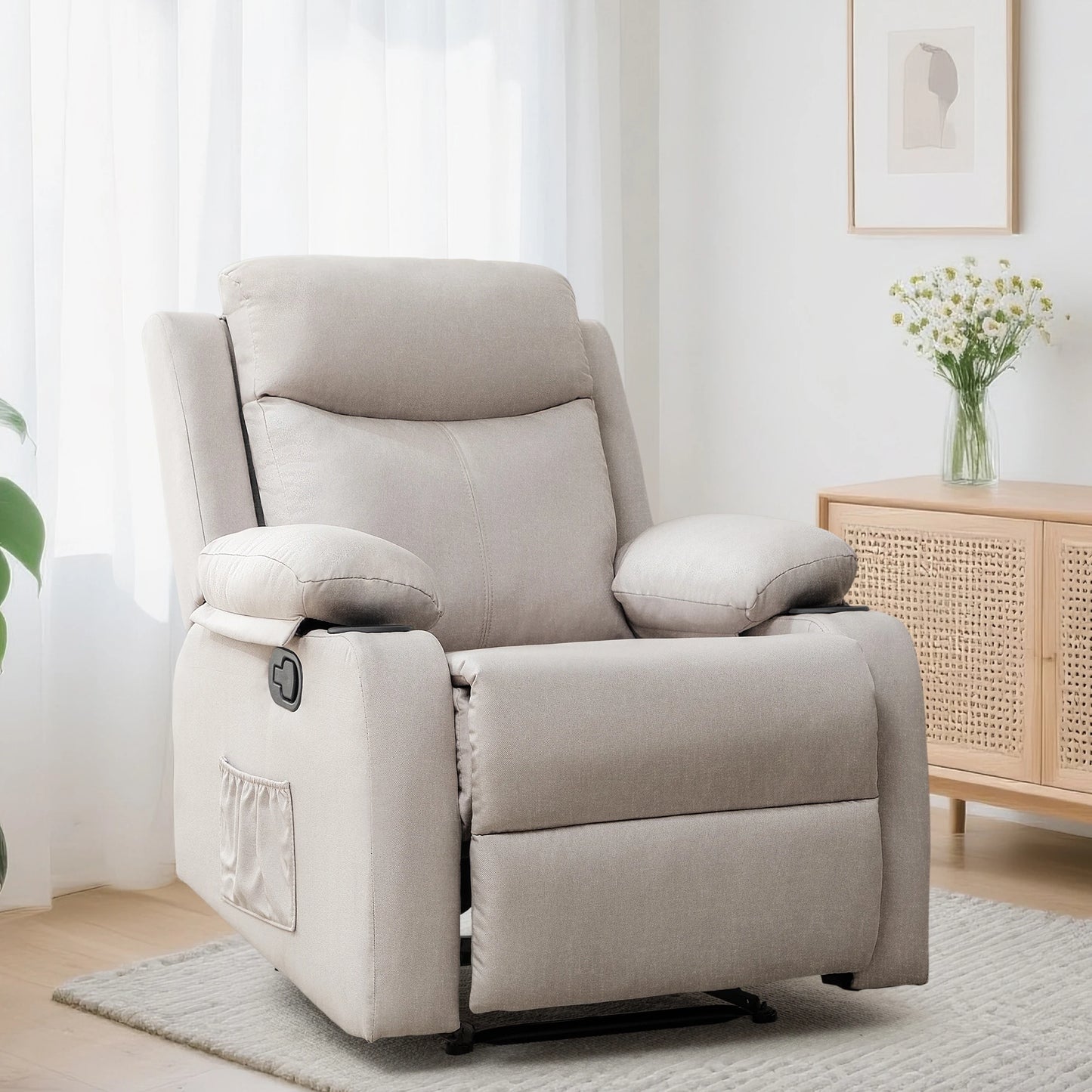 KORSER Small Recliner – Manual, Cup Holder, Linen
