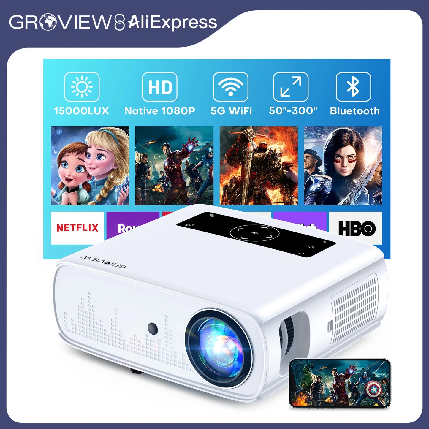 GROVIEW 1080P Projector – 490 ANSI, WiFi, 300" Screen